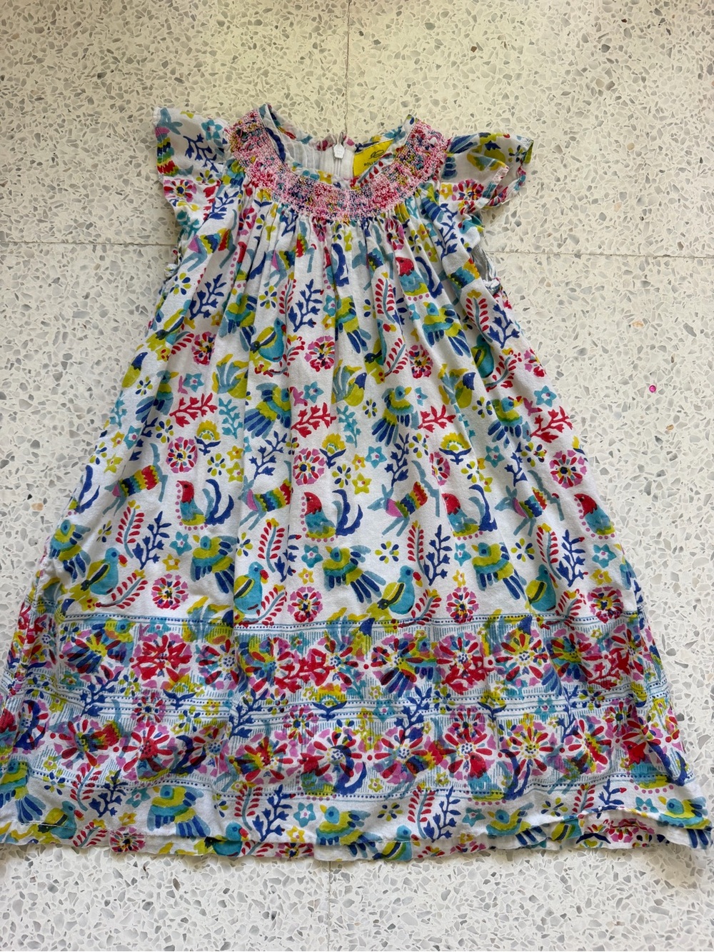 Roller Rabbit White Sundress with Pink, Blue, Yellow & Green Bird Print